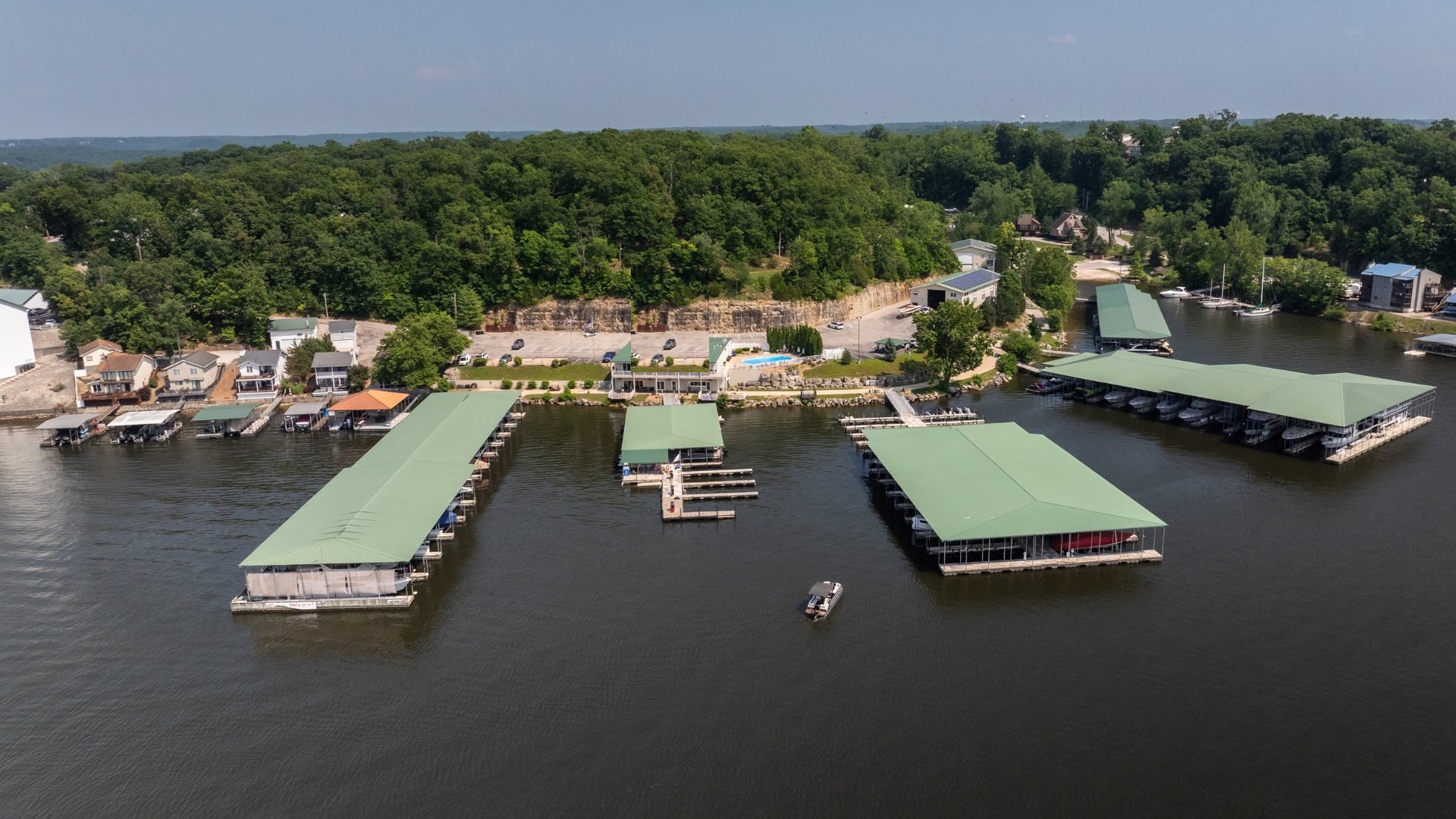 Aerial view of Ozark Yacht Club marina docks on Lake of the Ozarks